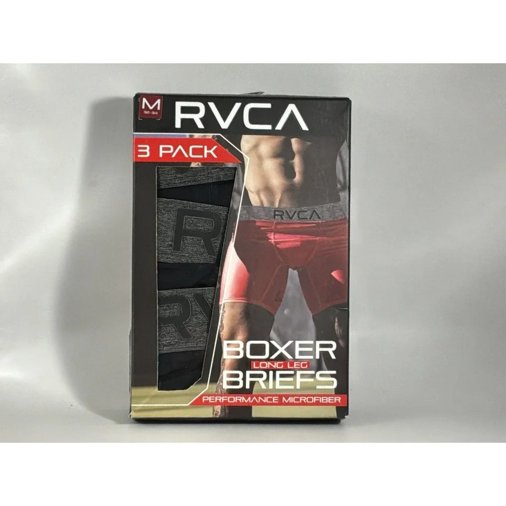 RVCA Men's M Boxer Long Leg Briefs3 Pack Black Performance Microfiber